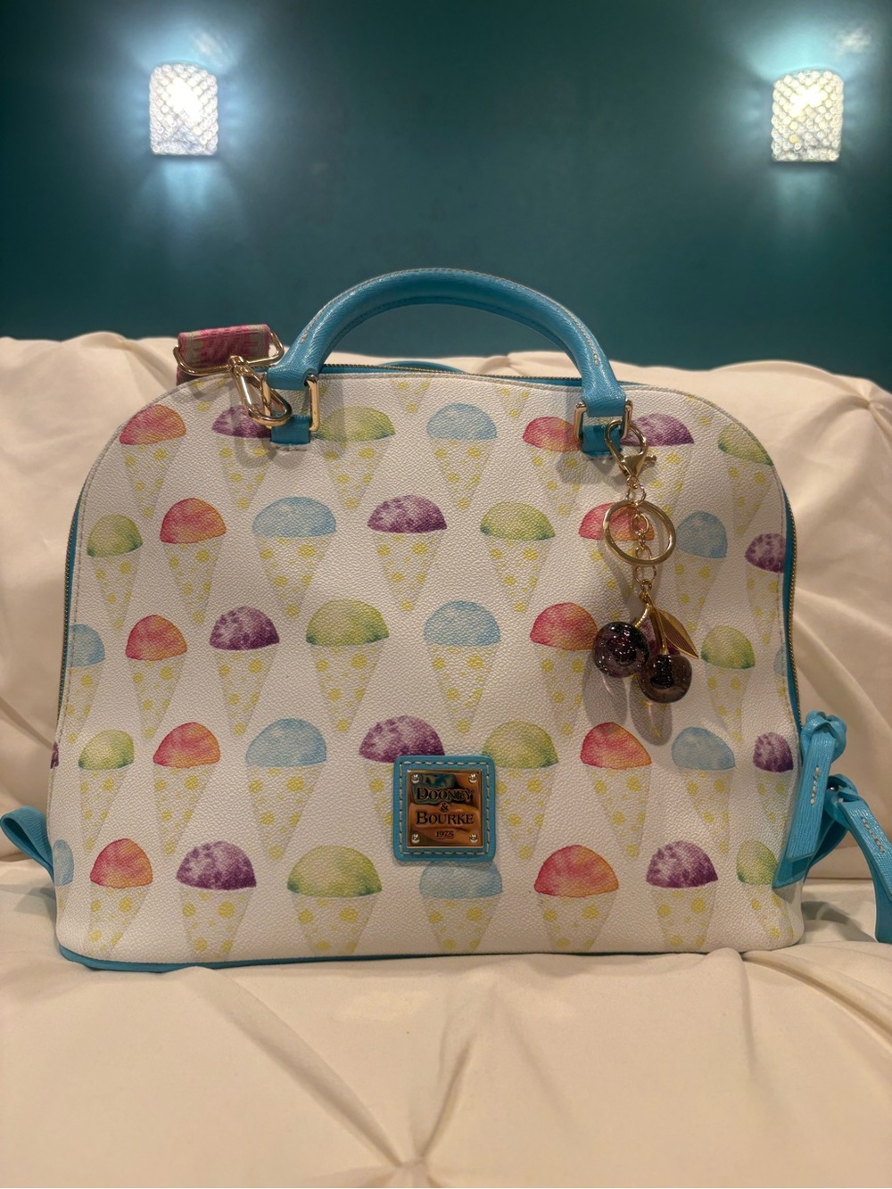 Dooney & Bourke Pastel Snow Cone Zip Satchel with Turquoise Trim with Strap EUC